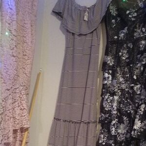 Michael Kors Navy Blue And White Striped Off-Shoulder Dress, L